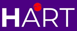 Logo HART, representing support to personal development and growth based on innovation, technology with a red heart near the letter 'A',white letters on a purple background.