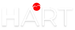 Logo HART, representing support to personal development and growth based on innovation, technology with a red heart near the letter 'A', withe letters on a transparent background.