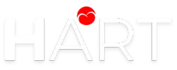 Logo HART, representing support to personal development and growth based on innovation, technology with a red heart near the letter 'A', withe letters on a transparent background.