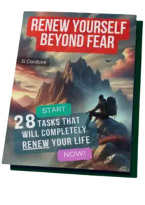 eBook cover titled 'Renew Yourself Beyond A hiker sitting on a mountain peak at sunset, representing personal growth, development, and overcoming fears.