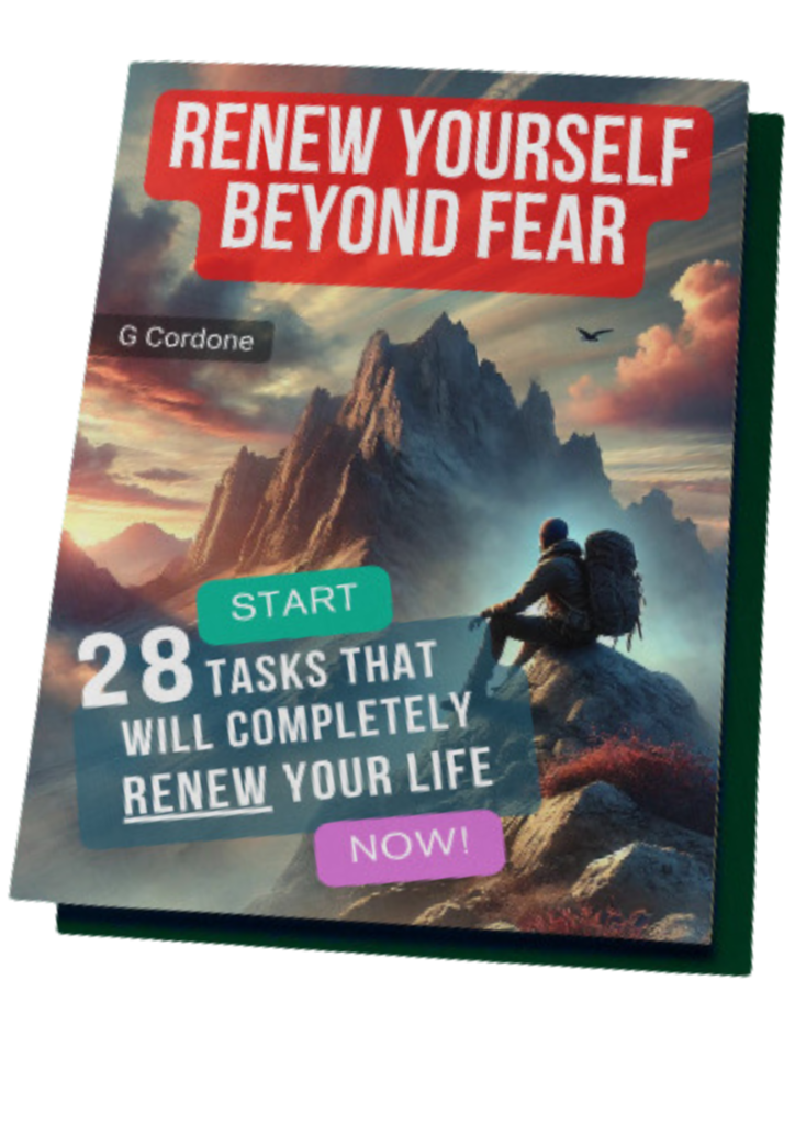 eBook cover titled 'Renew Yourself Beyond A hiker sitting on a mountain peak at sunset, representing personal growth, development, and overcoming fears.