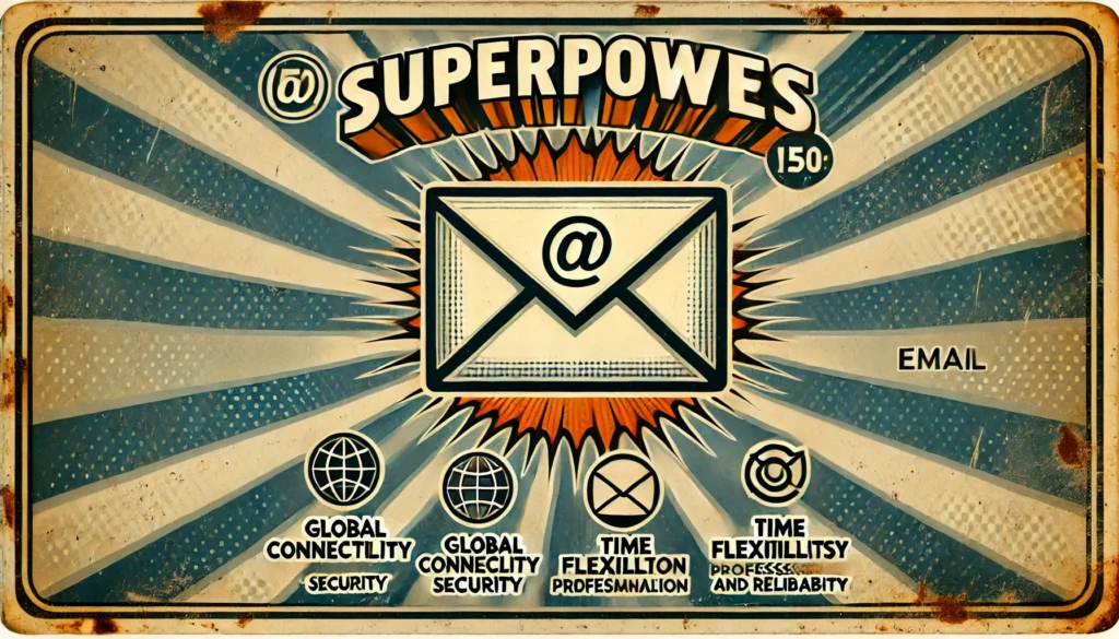 1950s-style illustration of a central envelope surrounded by icons representing global connectivity, security, time flexibility, professionalism, personalisation, and reliability, with a rusted, aged metal sign aesthetic for a real life hack.