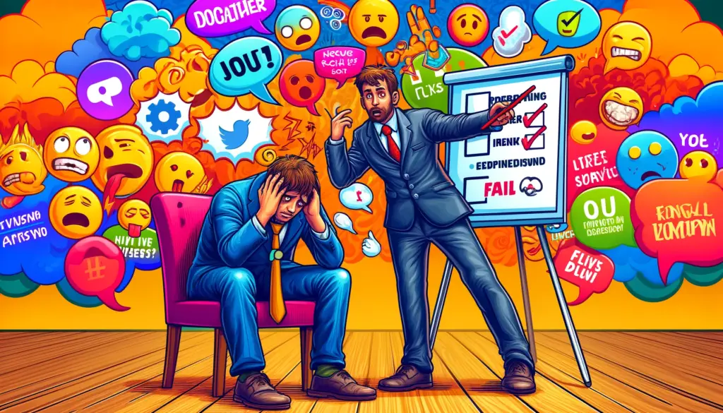 Illustration of a salesperson looking overwhelmed and unprepared, standing in front of a customer. The scene is surrounded by lively elements like speech bubbles and social media icons. A partially unchecked checklist floats nearby, emphasizing the lack of preparation. The image humorously portrays the importance of being well-prepared for storytelling in sales.