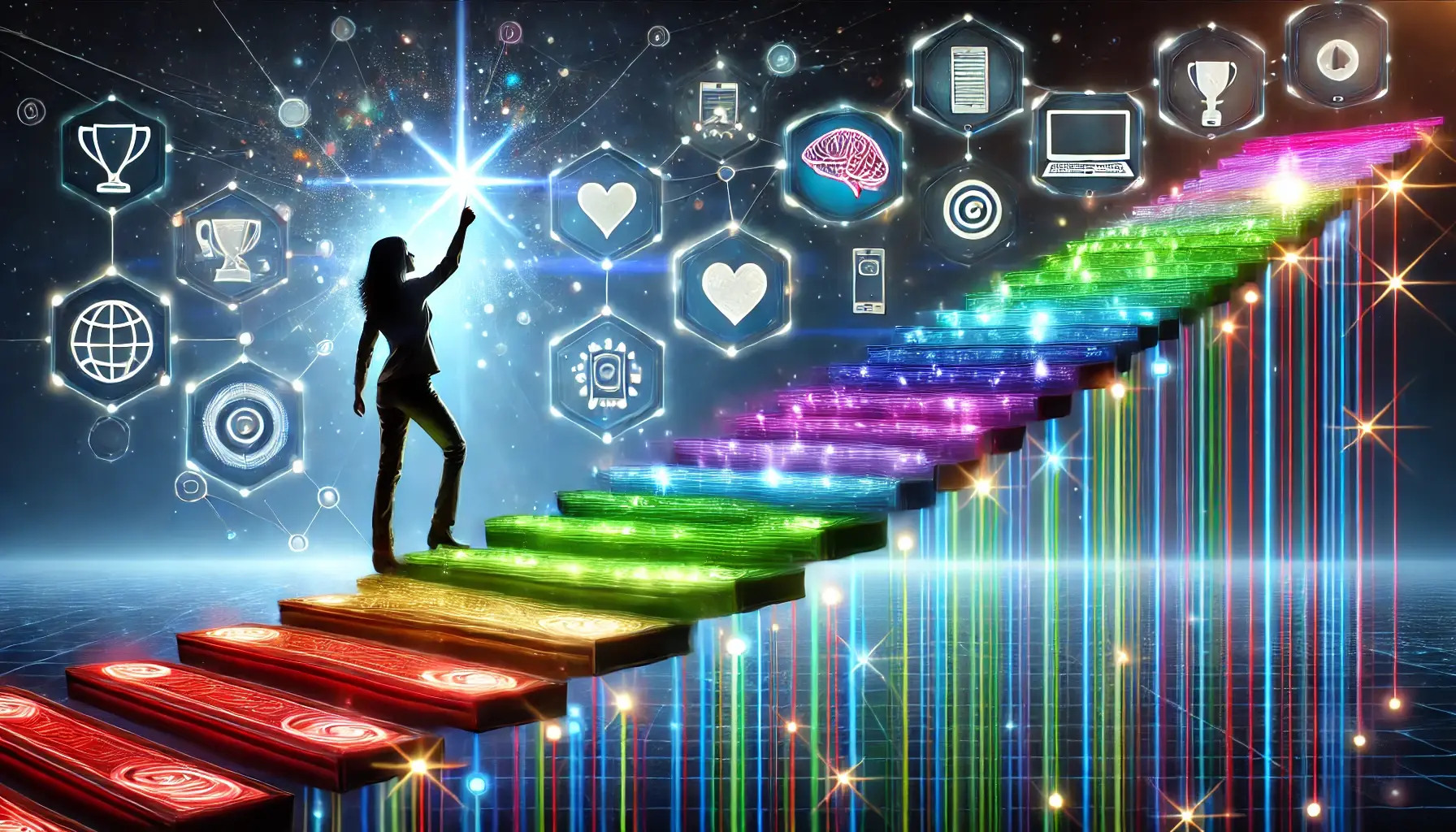 Digital illustration of a person standing on a staircase made of tech devices, symbolizing personal growth and technology empowerment. The background transitions from dark to bright, and holographic icons for learning, emotional growth, and achievement float around the person.”