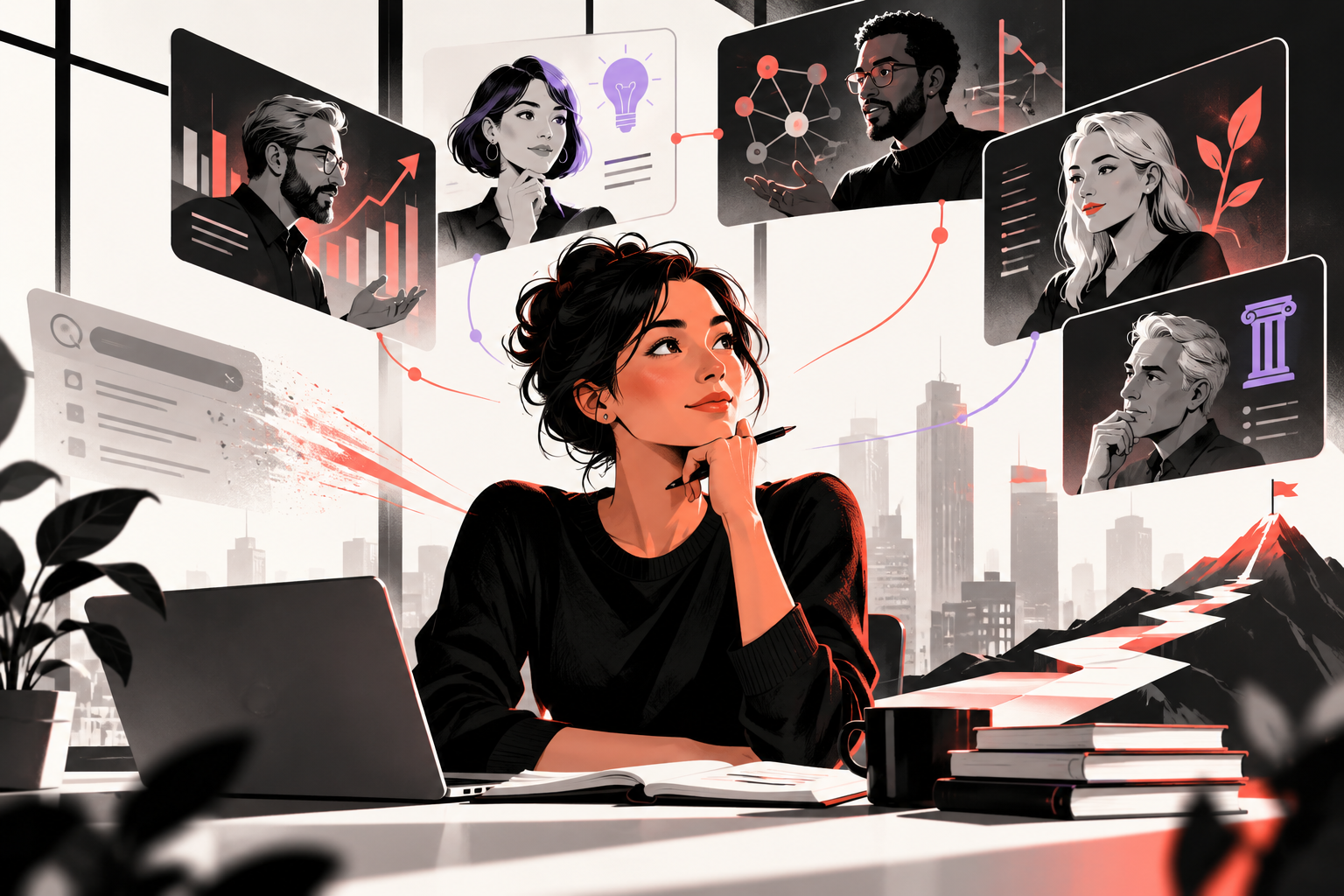 Illustrated person at a desk surrounded by connected portrait panels, charts, and symbols.