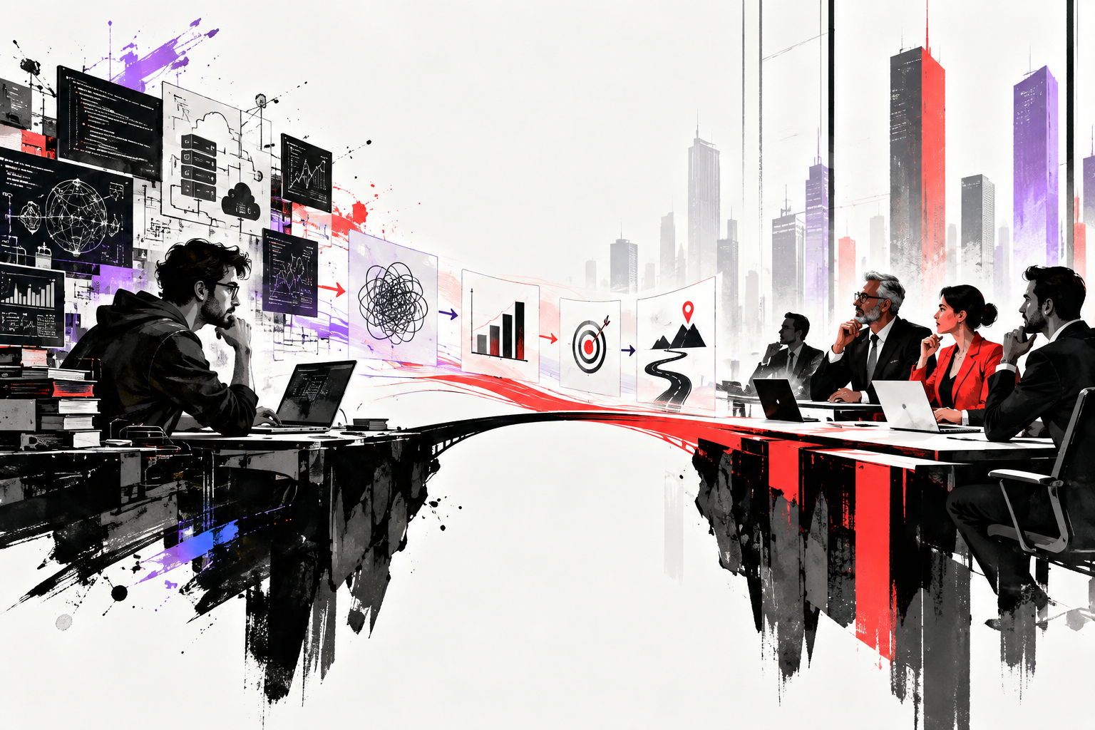 Split illustration of technical diagrams and data leading to a business meeting.