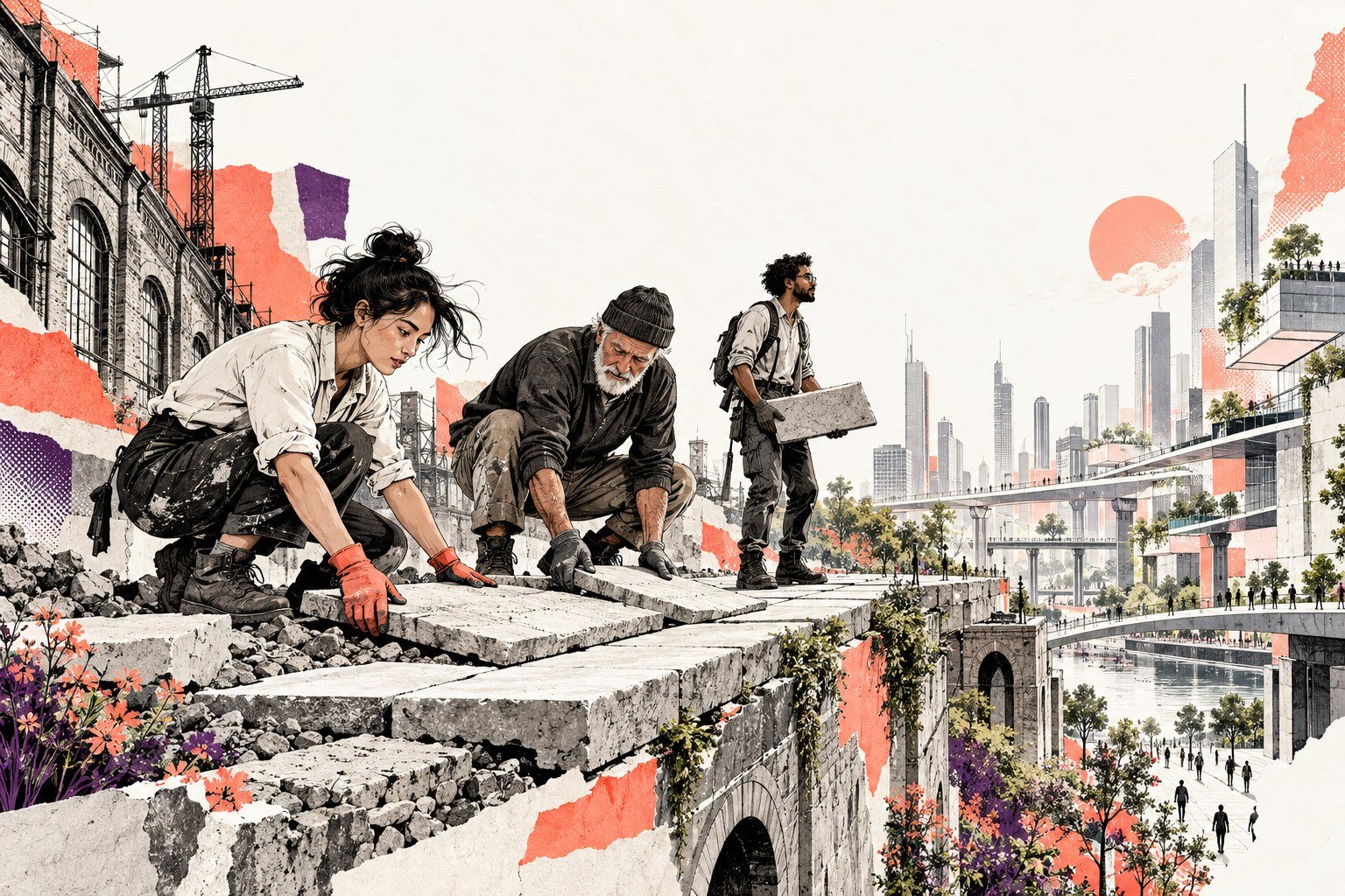 People rebuilding a path through a changing city