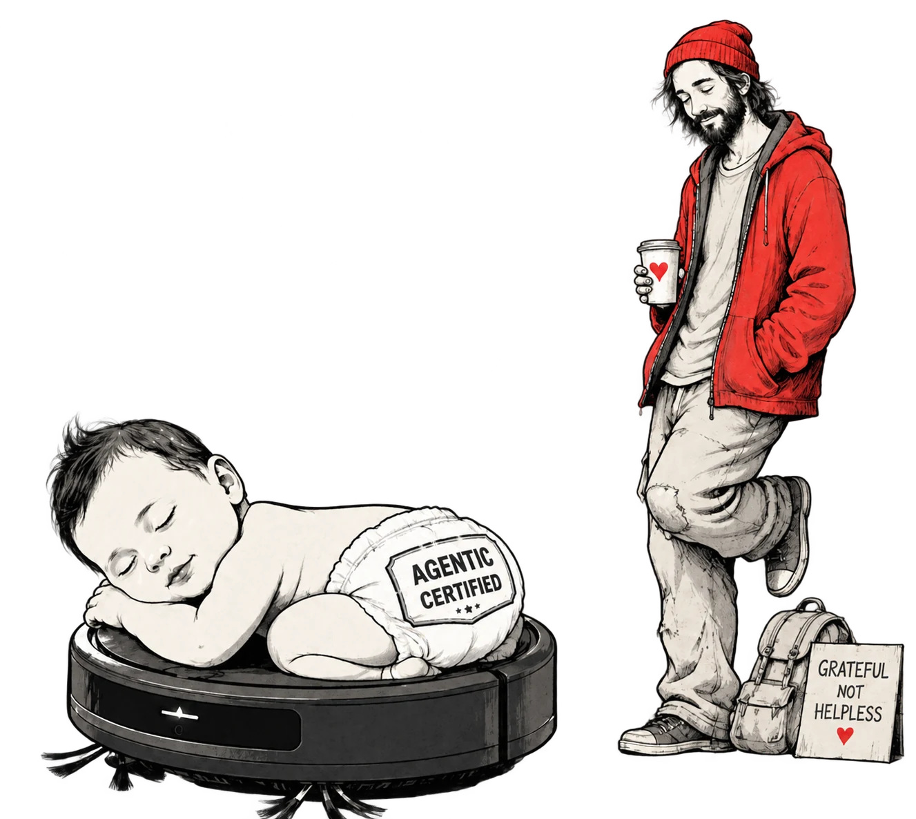A sleeping baby on a robot vacuum, illustrating convenience replacing judgement.