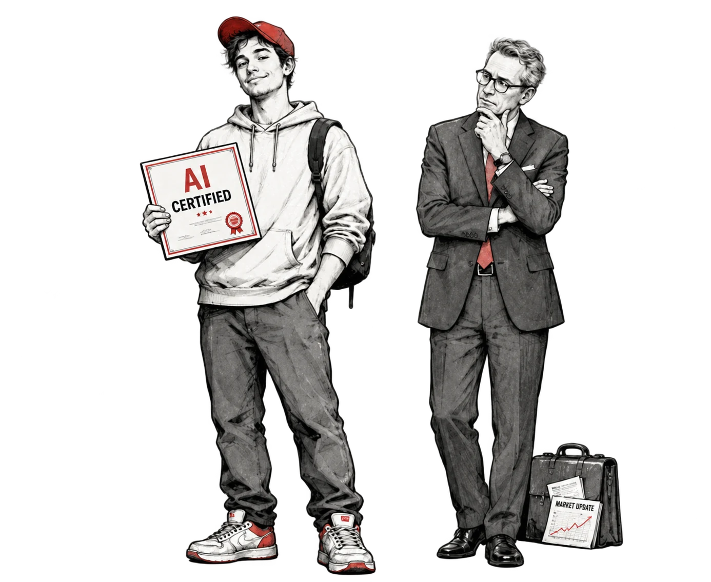 Young person holding an AI certificate beside an experienced professional.
