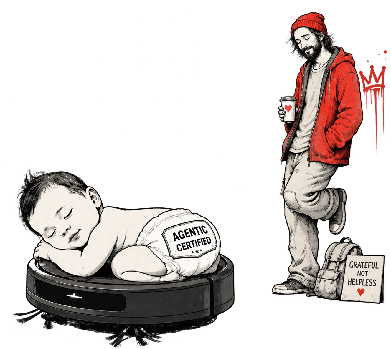 A sleeping baby on an automated cleaner beside an alert professional: a contrast between delegation and attention