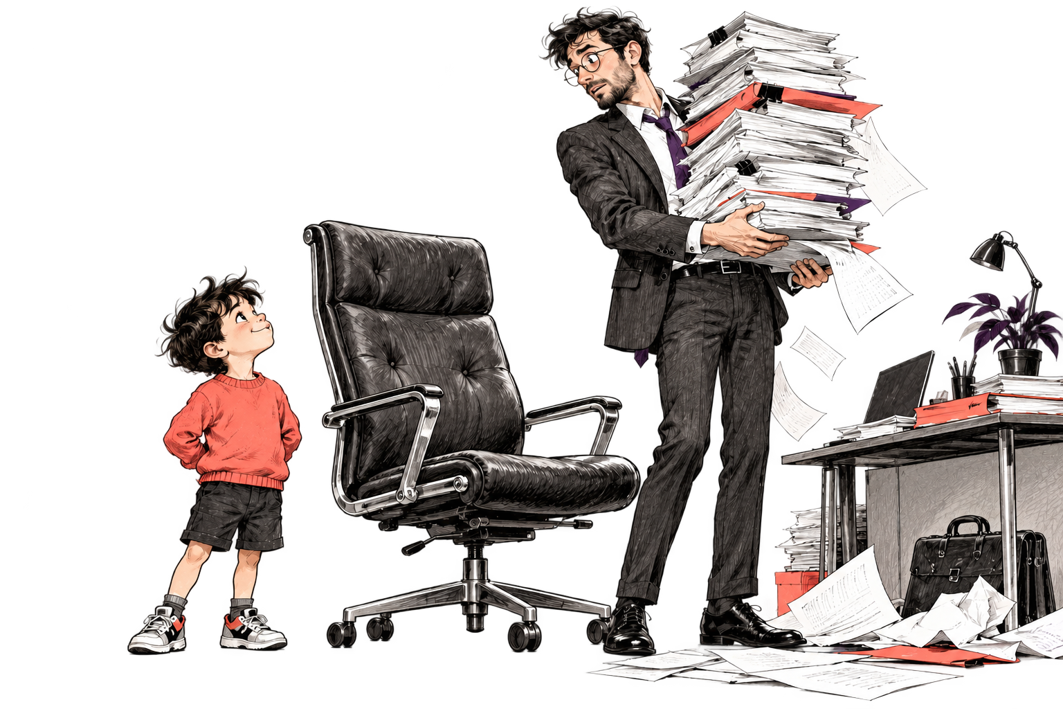 Nino accanto a una sedia da ufficio guarda un adulto che porta documenti complessi.