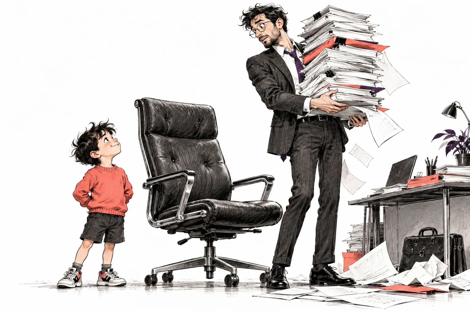 Nino beside an office chair, looking up at an adult carrying complicated documents.